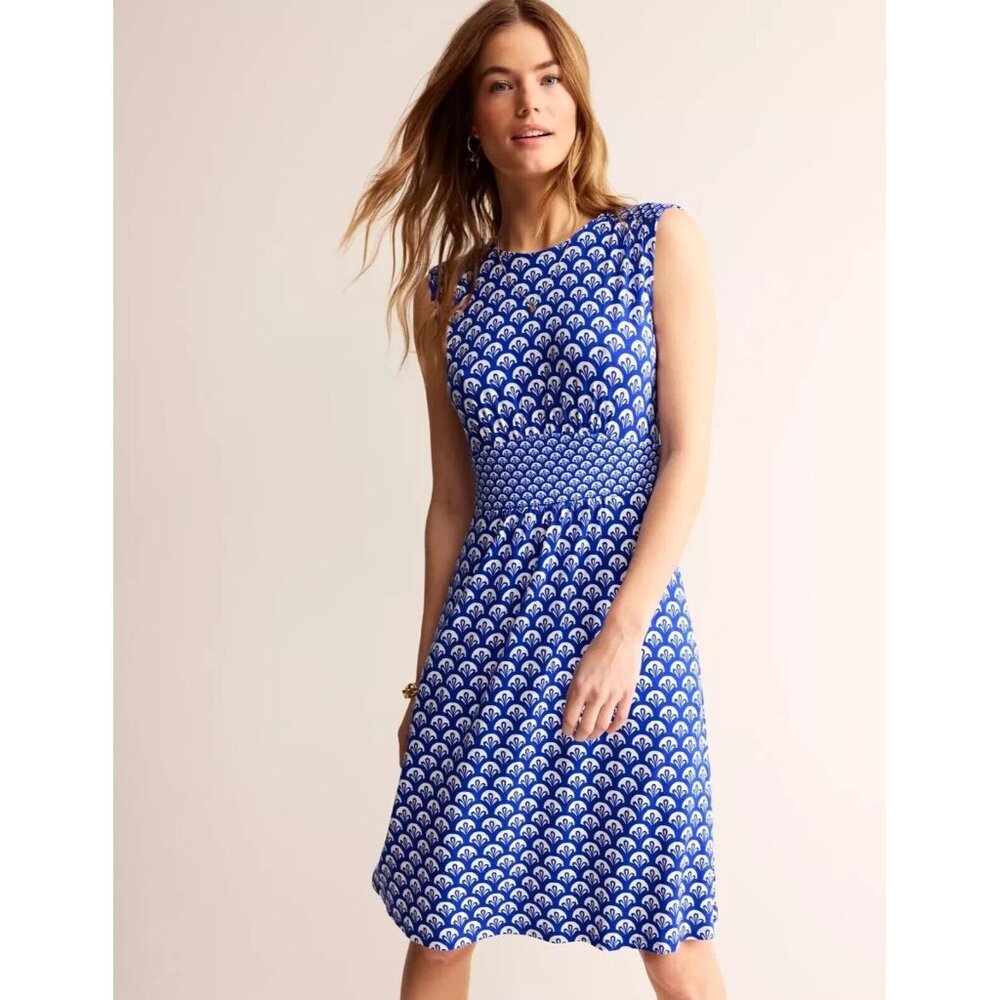 BODEN Thea Dress Blue Surf Sleeveless Jersey Knit Print, Size 12L 12 Long